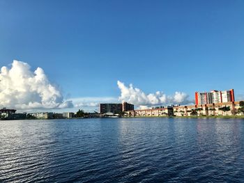 River by buildings against blue sky