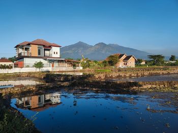 Houses by lake against clear blue sky