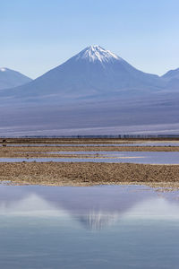 Volcano reflected in salt flats lake in atacama desert