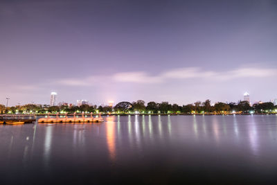 View of city lit up at night