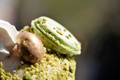 Close up view on traditional easter cake decorated by macaroon and pistachio