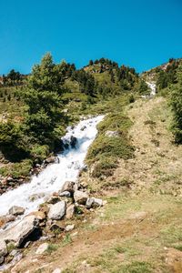 Scenic view of waterfall against clear sky