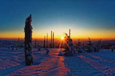 Scenic view of snow covered field against sky during sunset