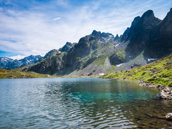 Scenic view of lake and mountains against sky