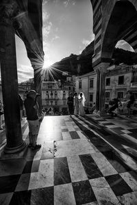 Tourists in front of historic building