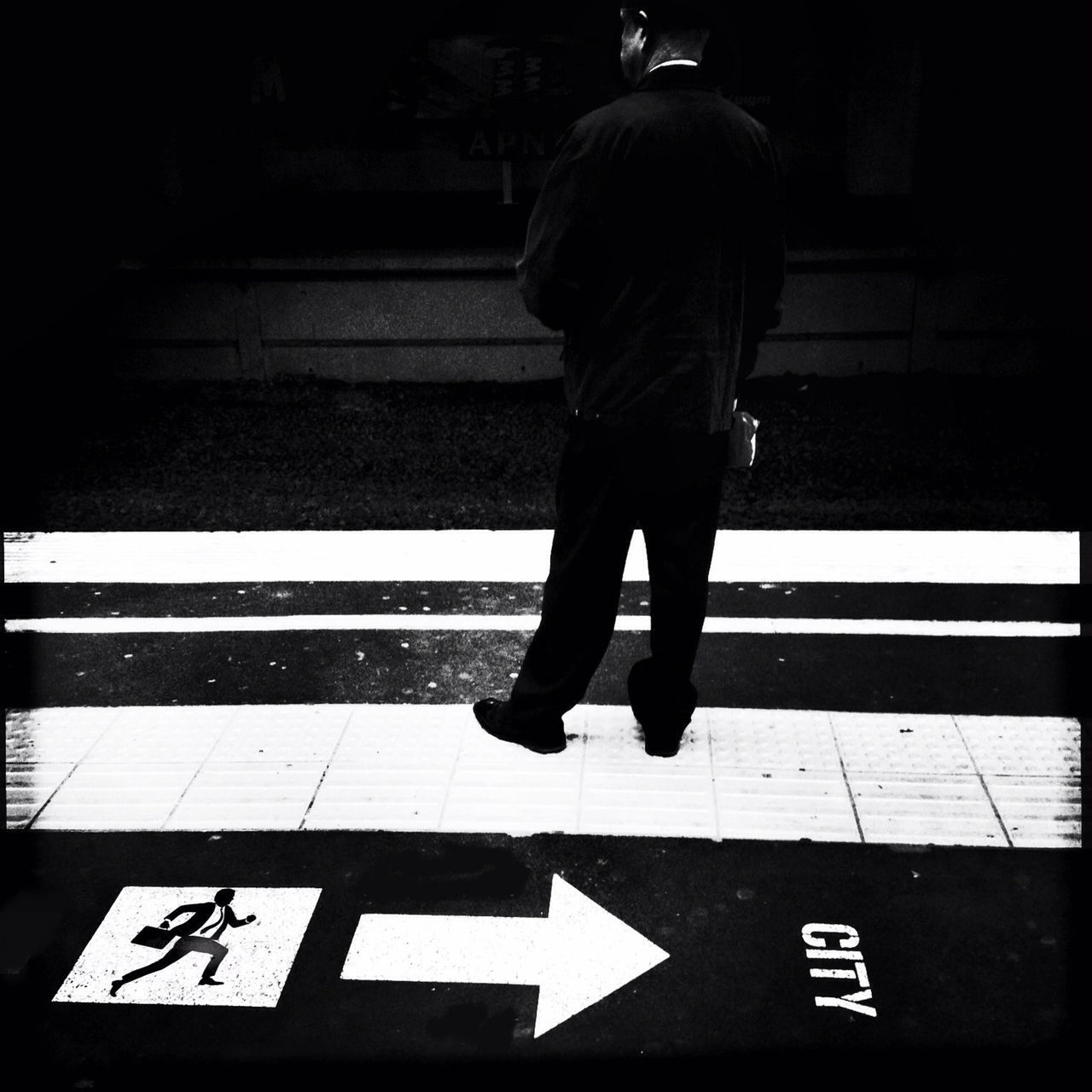 walking, lifestyles, rear view, full length, standing, men, shadow, road marking, street, low section, person, on the move, high angle view, casual clothing, leisure activity, indoors, tiled floor, sunlight