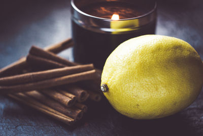 Close-up of lemon on table