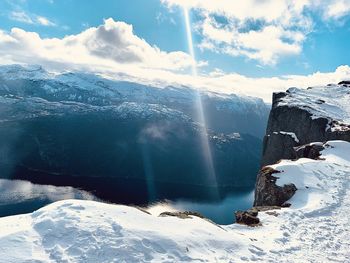 Scenic view of snowcapped mountains against sky