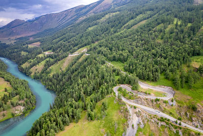 High angle view of trees and mountains