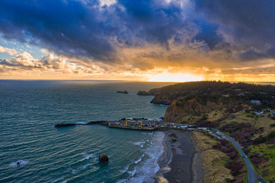 Aerial drone shot of port orford at the southern oregon coast