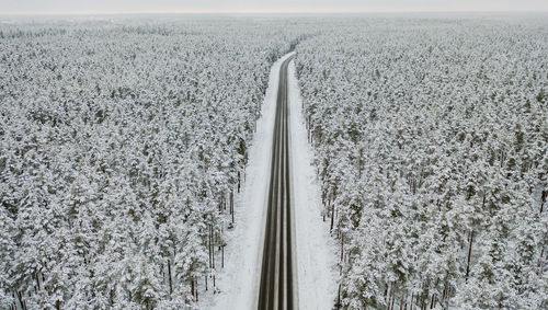 High angle view of road amidst snow covered trees