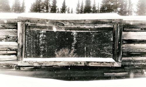 Close-up of frozen lake by window