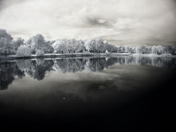 Scenic view of calm lake against cloudy sky