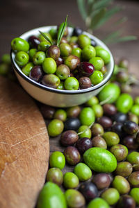 High angle view of fresh olives on table