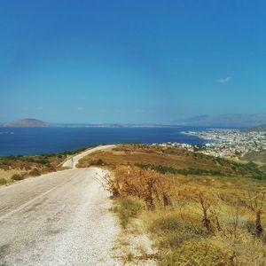 Scenic view of beach against clear blue sky