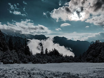 Scenic view of snowcapped mountains against sky