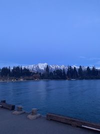 Scenic view of lake against clear blue sky