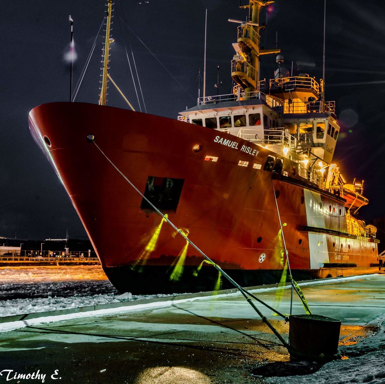 sea, water, ship, container ship, nautical vessel, shipyard, illuminated, outdoors, no people, night