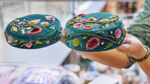 Two handcrafted tatar skullcap with intricate floral bead embroidery