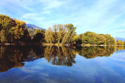 Reflection of trees in lake against sky