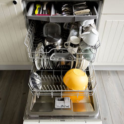 High angle view of utensils in dishwasher at kitchen