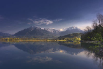 Scenic view of lake and mountains against sky