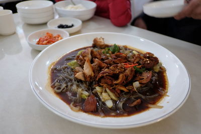 High angle view of meal served on table