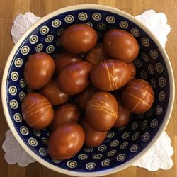 High angle view of eggs in container on table