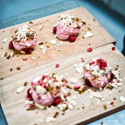 High angle view of dessert on cutting board