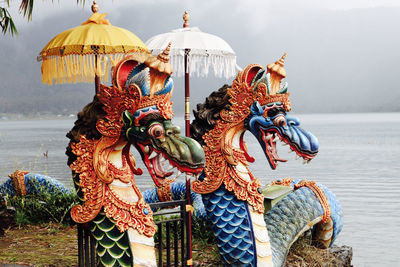 Close-up of sculpture of a lake bali hindu temple