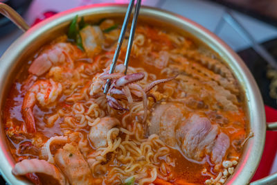 High angle view of soup in bowl