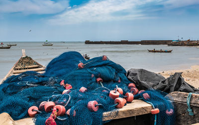 Ghana fishing boat, which is commissioned on land and is filled with fishing nets after day fishing