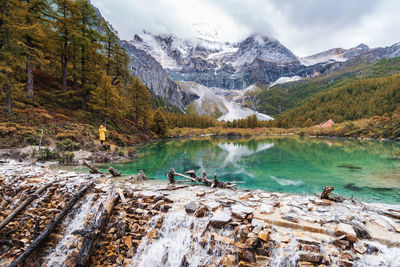Scenic view of lake and snowcapped mountains