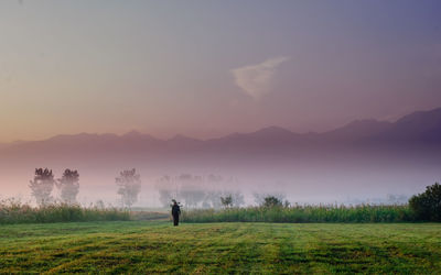 Person standing on field during sunrise