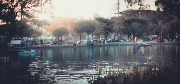 People in lake against sky