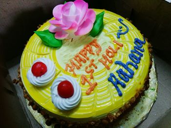 High angle view of cake served on table