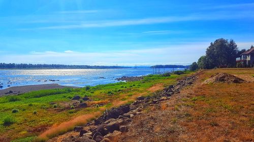 Scenic view of beach against cloudy sky