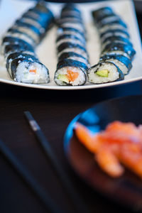 Close-up of sushi in plate on table