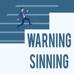 Man with text on blue sign