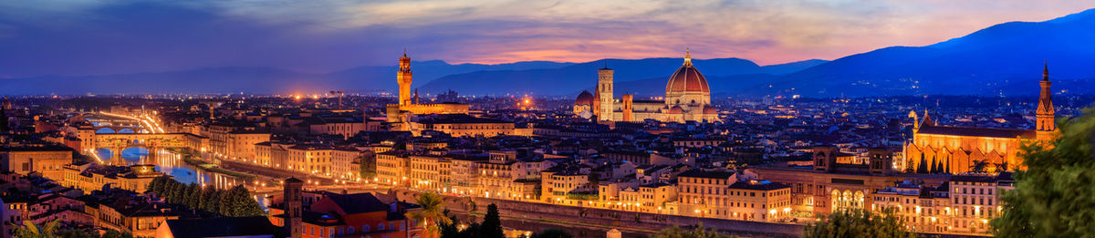 High angle view of city at sunset