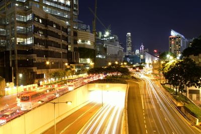 Light trails on road at night