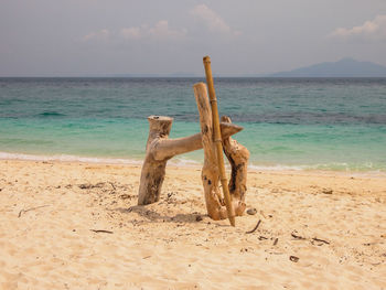 Driftwood on sand at beach against sky