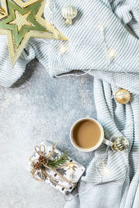 High angle view of coffee cup on table