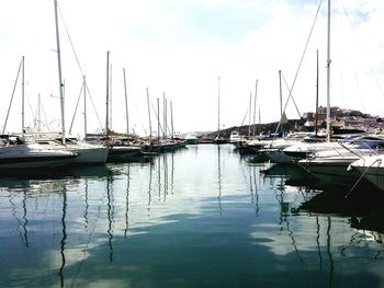 Sailboats moored on harbor against sky