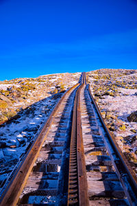Railroad tracks against clear blue sky