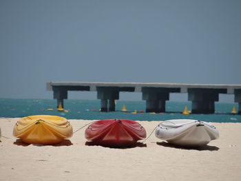 Umbrellas on beach against clear sky