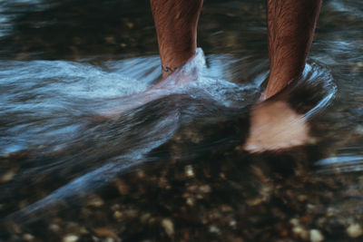 Low section of man standing in water