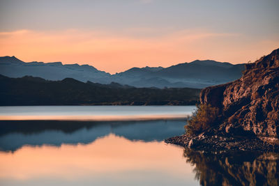 Scenic view of lake against sky during sunset