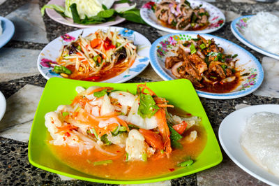 High angle view of food served on table