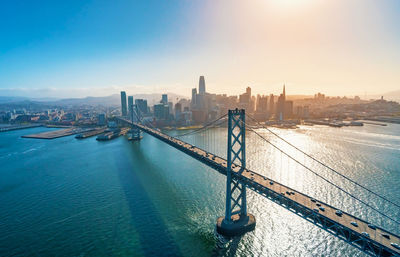 View of suspension bridge over sea